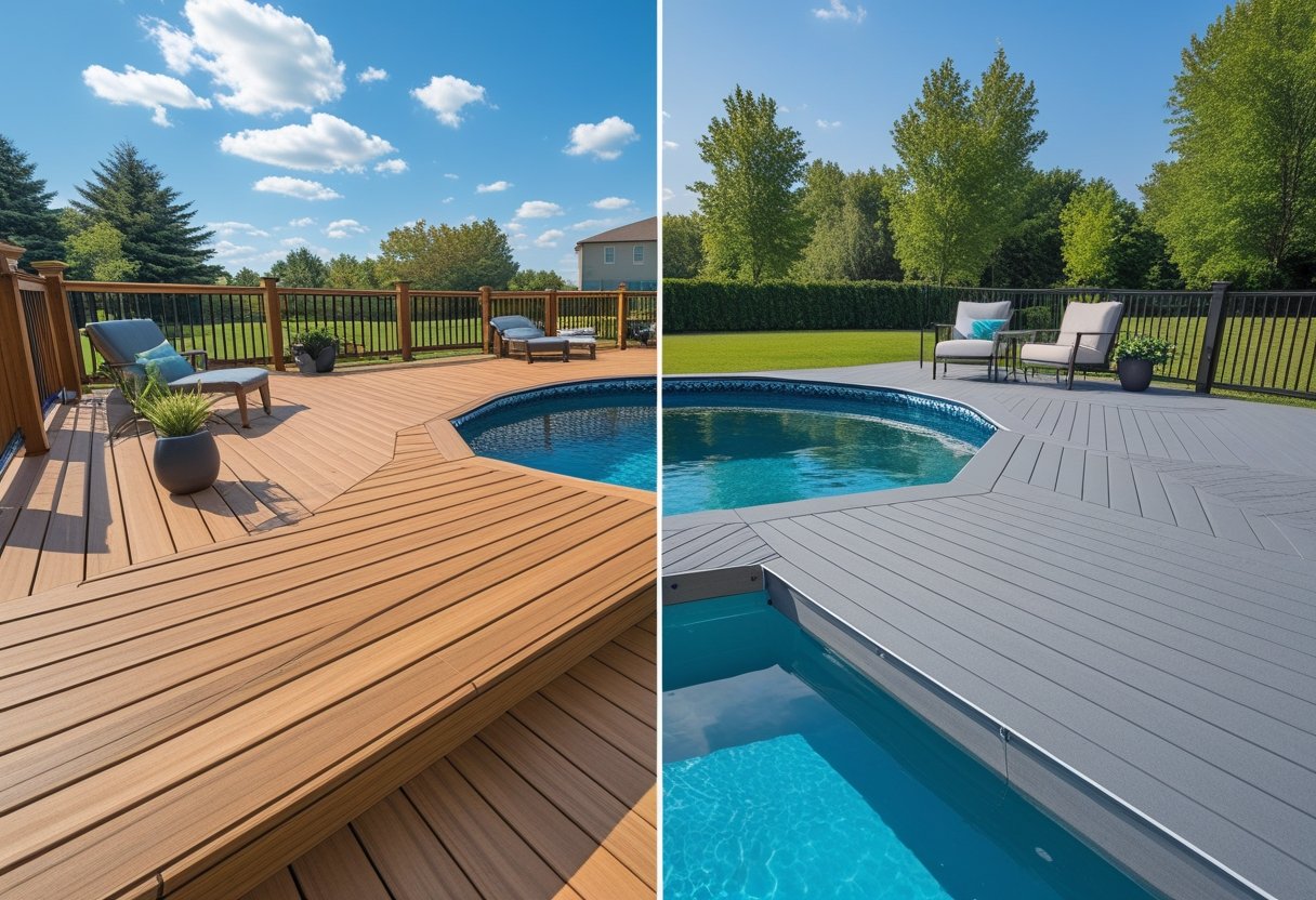 Two above ground pool decks side by side, one made of natural wood and the other of composite material, each surrounding a clear blue pool with outdoor furniture and greenery in the background.