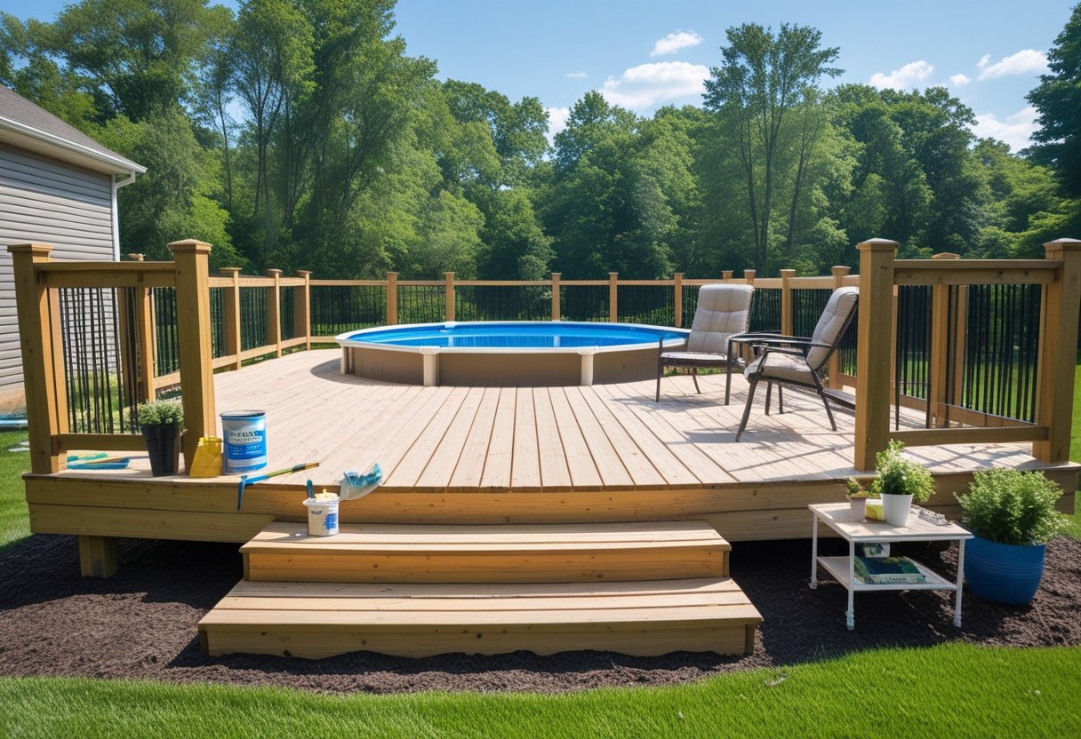 A clean wooden above-ground pool deck with outdoor furniture and maintenance tools on a sunny day in a backyard.