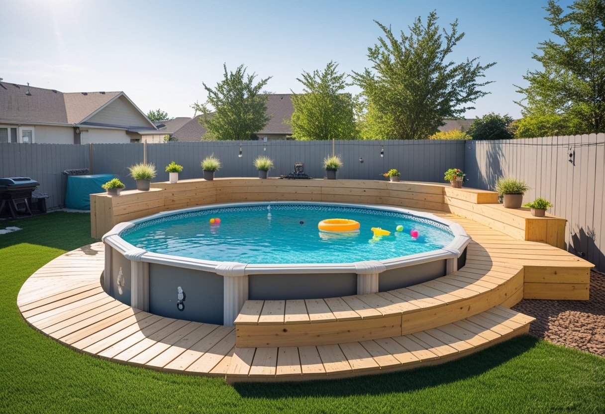 Backyard with an above ground pool surrounded by a wooden deck, potted plants, and string lights on a sunny day.